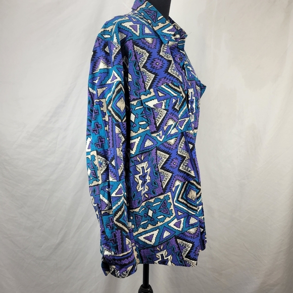 Vtg KARMAN Vibrant Purple Blue Tribal Aztec Button Down Shirt - Picture 3 of 7